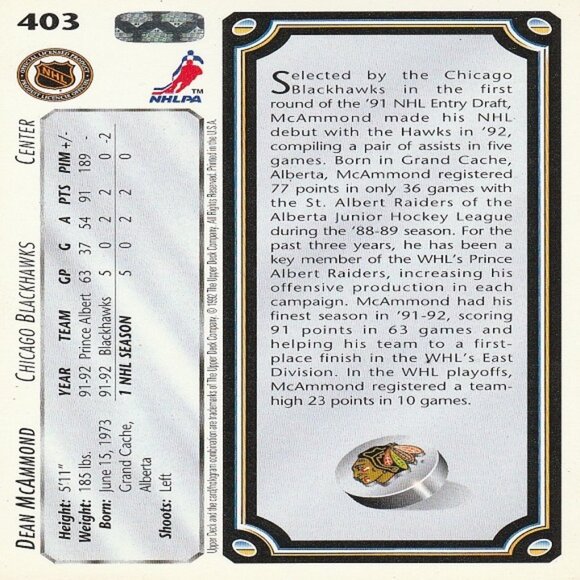 Deam McAmmond - 1992 Upper Deck Star Rookies Hockey Card - Picture 2 of 2